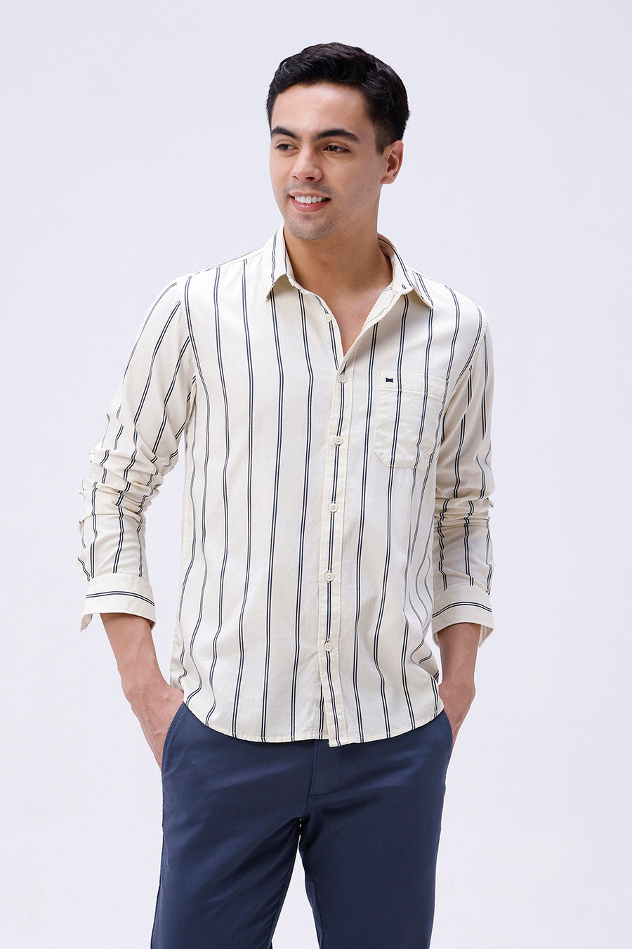 BASICS SLIM FIT LEMON YELLOW COTTON TWILL STRIPE SHIRT