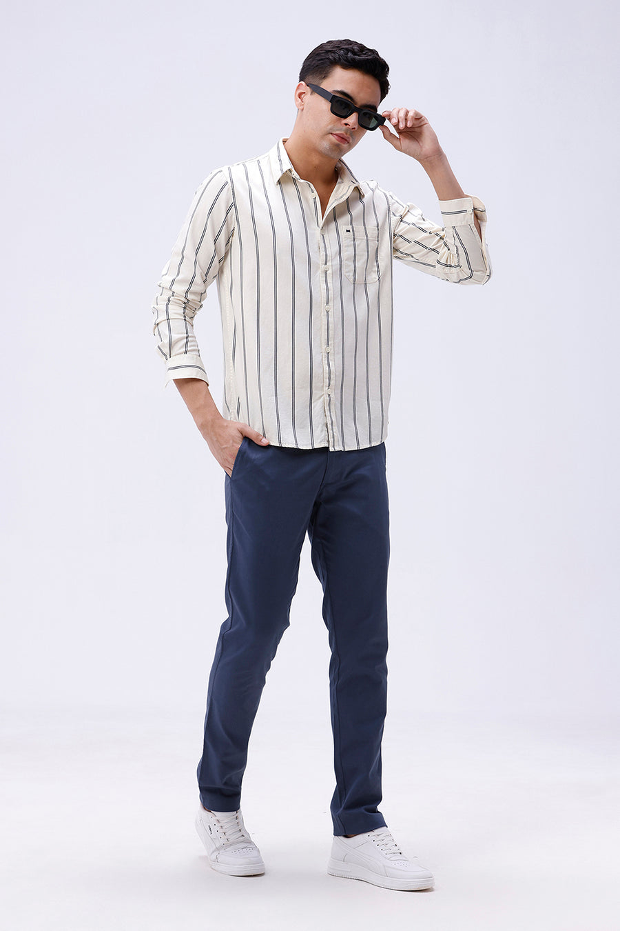 BASICS SLIM FIT LEMON YELLOW COTTON TWILL STRIPE SHIRT