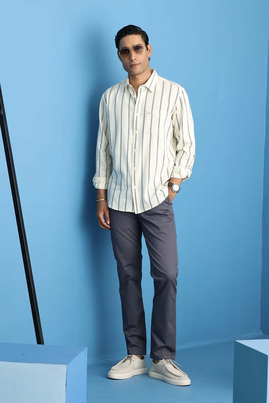 BASICS SLIM FIT LEMON YELLOW COTTON TWILL STRIPE SHIRT