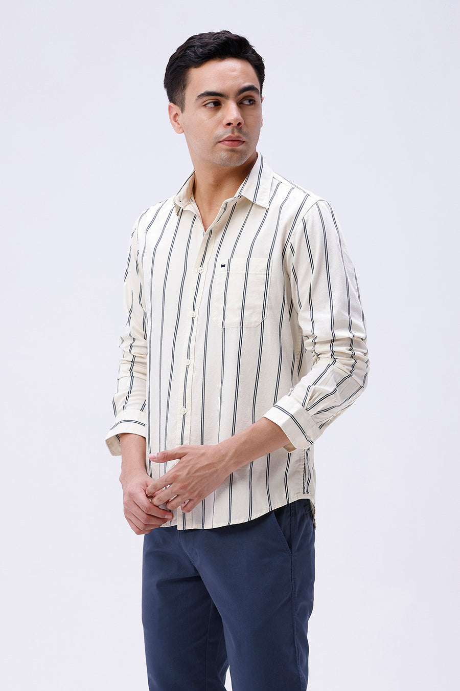 BASICS SLIM FIT LEMON YELLOW COTTON TWILL STRIPE SHIRT