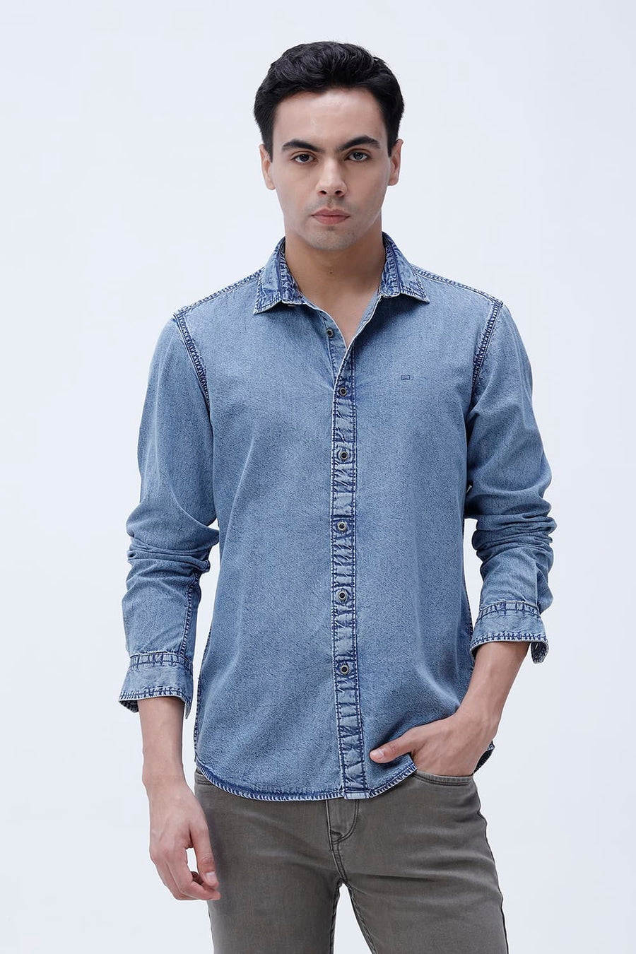 BASICS SLIM FIT BLUE SHADOW COTTON INDIGO SHIRT