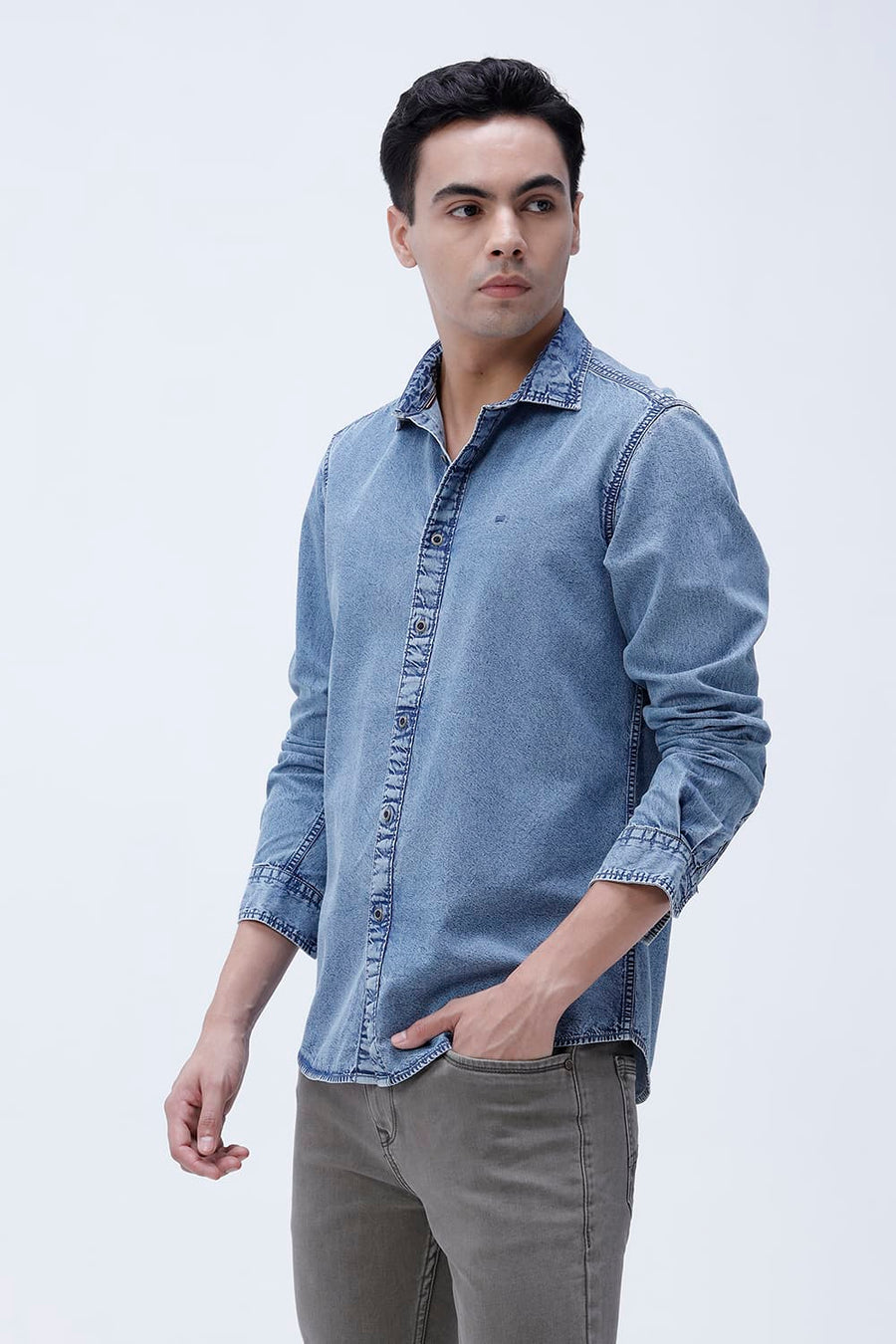 BASICS SLIM FIT BLUE SHADOW COTTON INDIGO SHIRT
