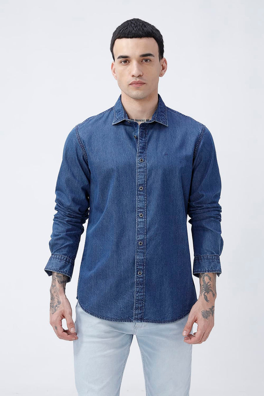 BASICS SLIM FIT BERING BLUE COTTON INDIGO SHIRT