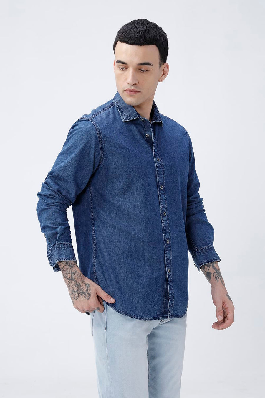 BASICS SLIM FIT BERING BLUE COTTON INDIGO SHIRT