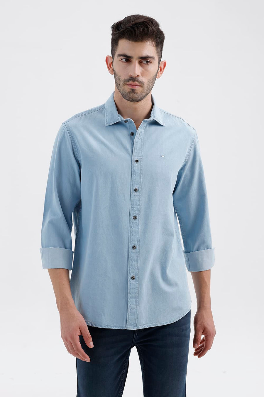 BASICS SLIM FIT ASHLEY BLUE COTTON INDIGO SHIRT