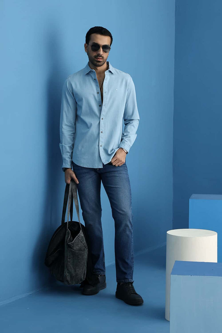 Basics Slim Fit Ashley Blue Cotton Indigo Shirt