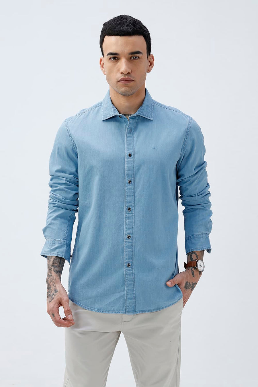 BASICS SLIM FIT ASHLEY BLUE COTTON INDIGO SHIRT