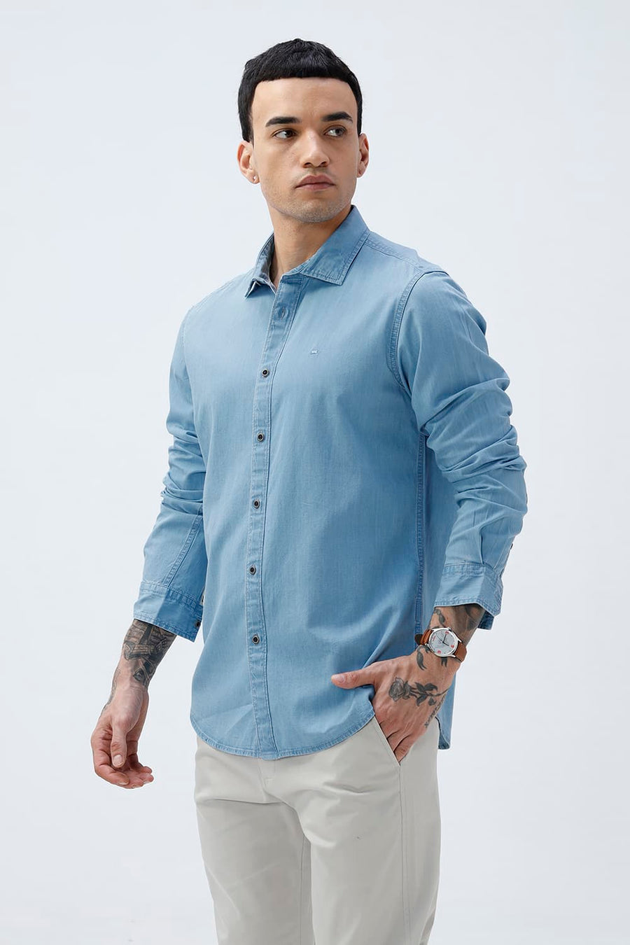 BASICS SLIM FIT ASHLEY BLUE COTTON INDIGO SHIRT