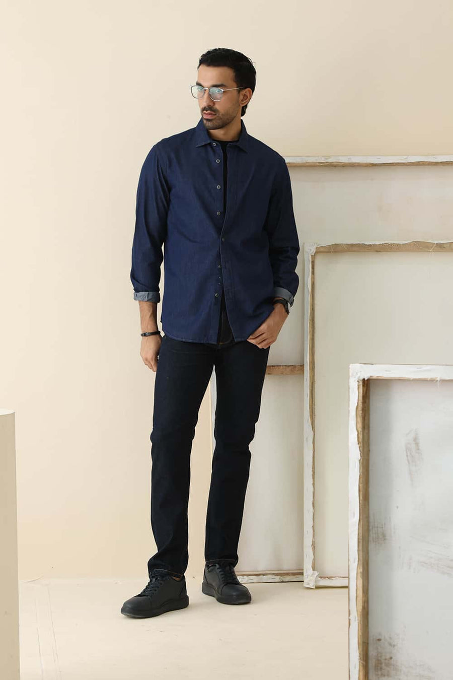 BASICS SLIM FIT PAGEANT BLUE COTTON INDIGO SHIRT