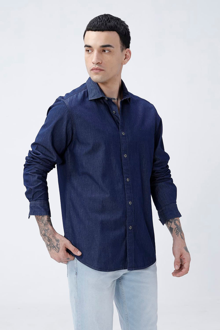 BASICS SLIM FIT PAGEANT BLUE COTTON INDIGO SHIRT