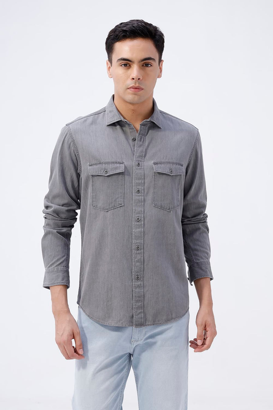 BASICS SLIM FIT GRAY BLACK COTTON SULPHUR SHIRT