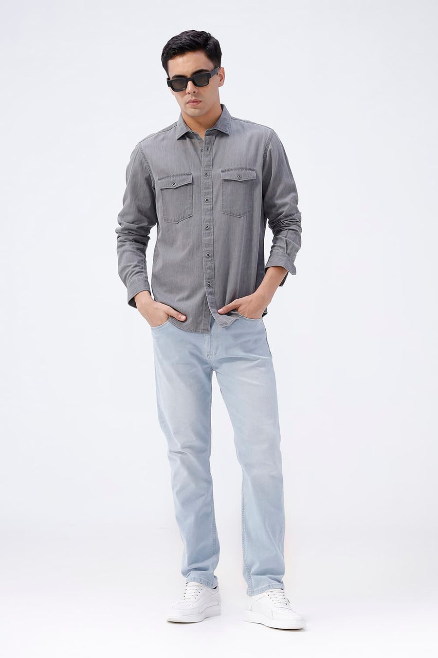 BASICS SLIM FIT GRAY BLACK COTTON SULPHUR SHIRT