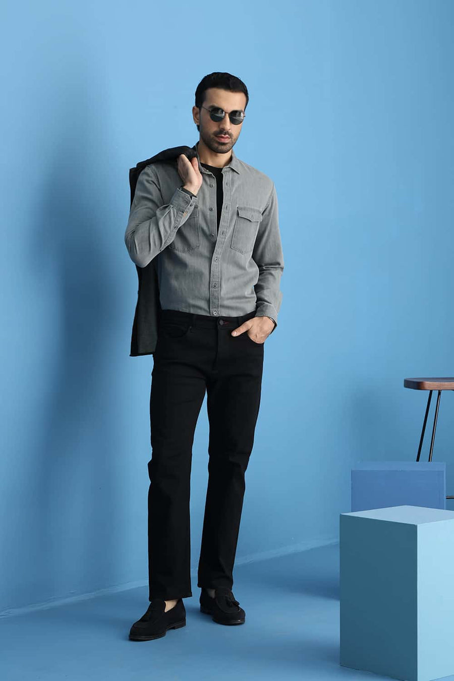 BASICS SLIM FIT GRAY BLACK COTTON SULPHUR SHIRT