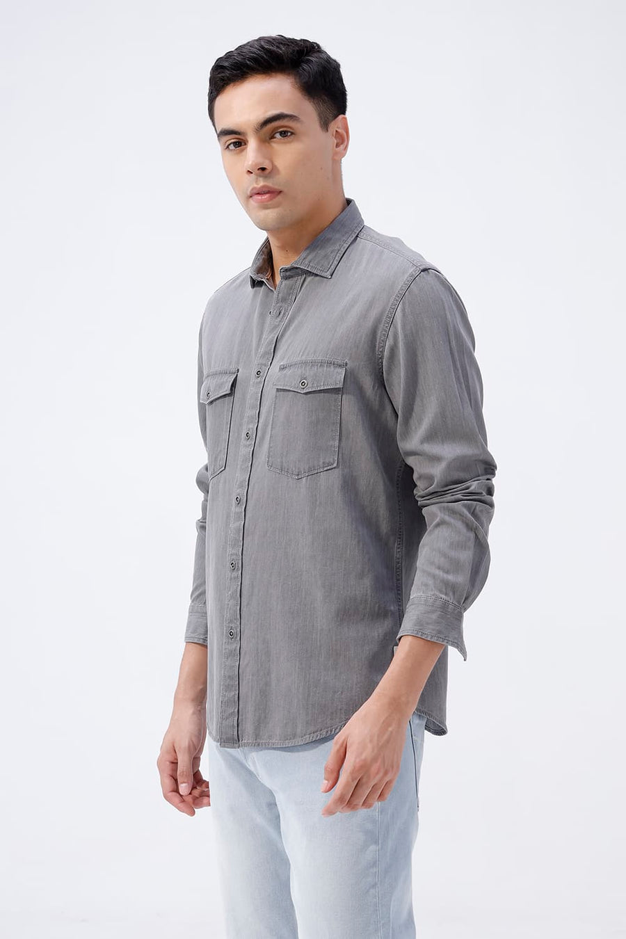 BASICS SLIM FIT GRAY BLACK COTTON SULPHUR SHIRT