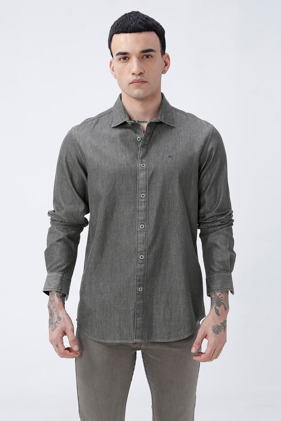 BASICS SLIM FIT GRAY BLACK COTTON SULPHUR SHIRT