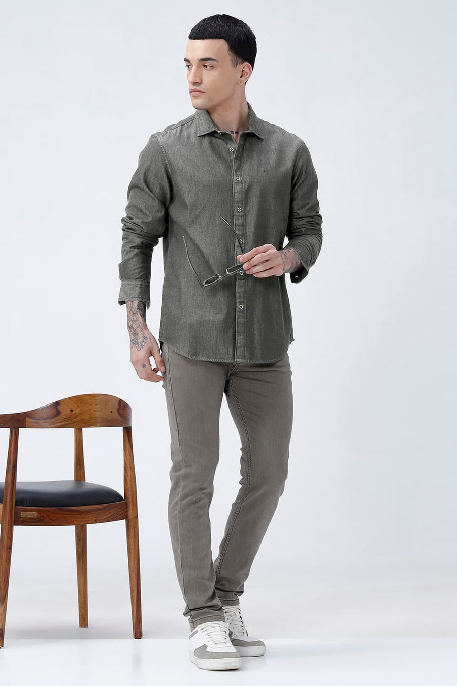 BASICS SLIM FIT GRAY BLACK COTTON SULPHUR SHIRT