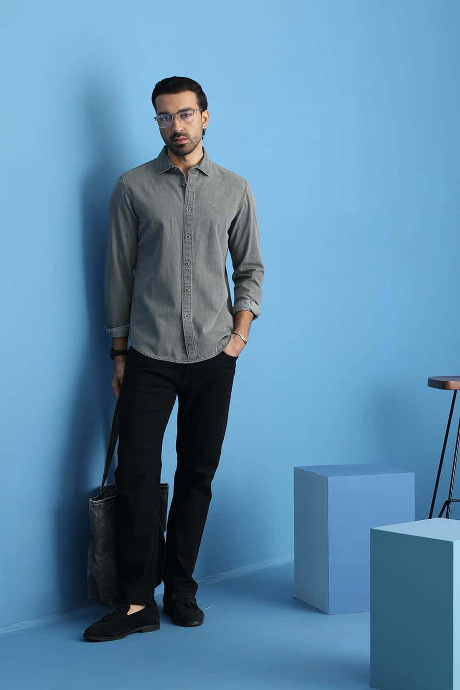 BASICS SLIM FIT GRAY BLACK COTTON SULPHUR SHIRT