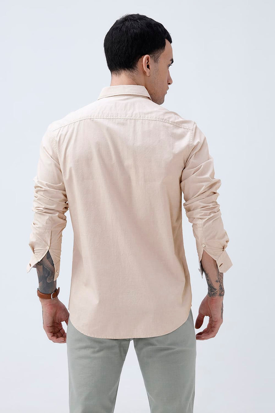BASICS SLIM FIT SAND BEIGE COTTON FIL-A-FIL SHIRT