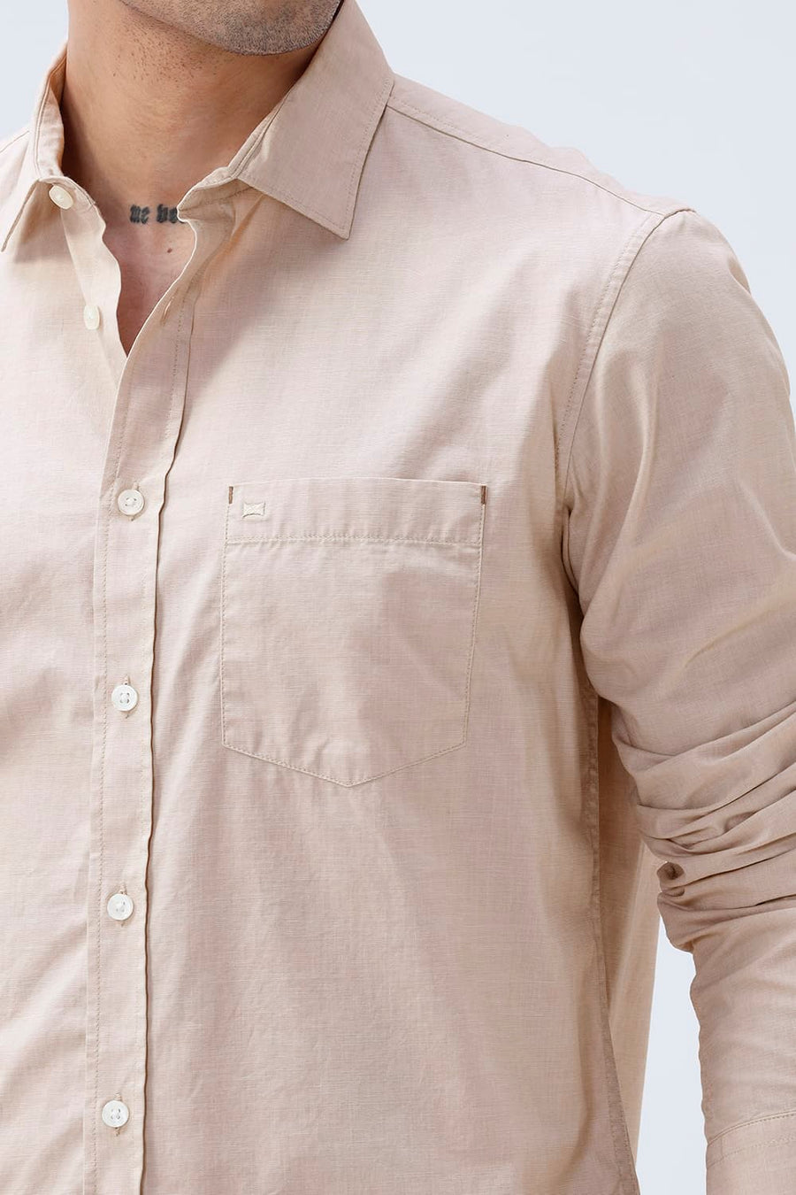 BASICS SLIM FIT SAND BEIGE COTTON FIL-A-FIL SHIRT