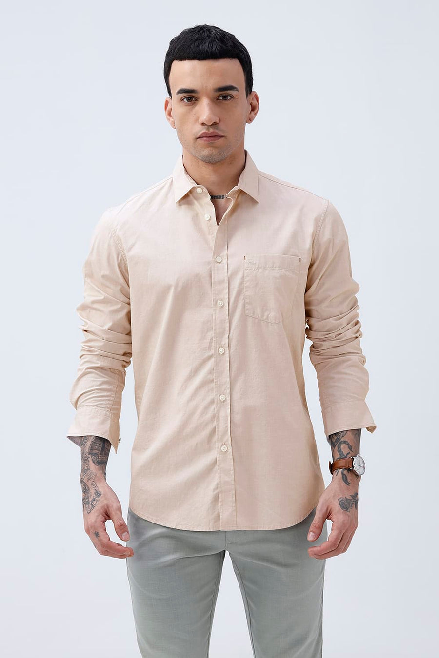 BASICS SLIM FIT SAND BEIGE COTTON FIL-A-FIL SHIRT