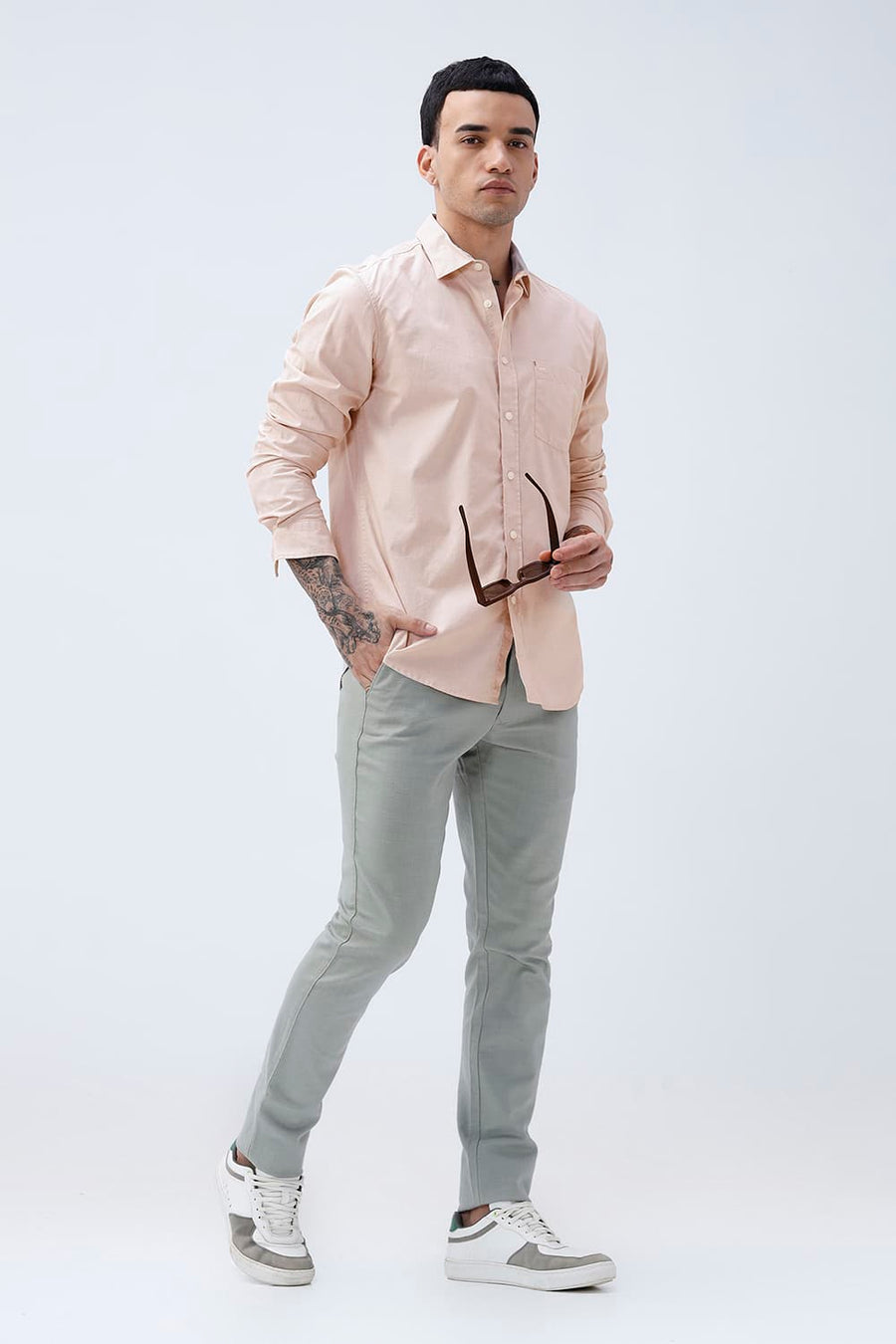 BASICS SLIM FIT SAND BEIGE COTTON FIL-A-FIL SHIRT