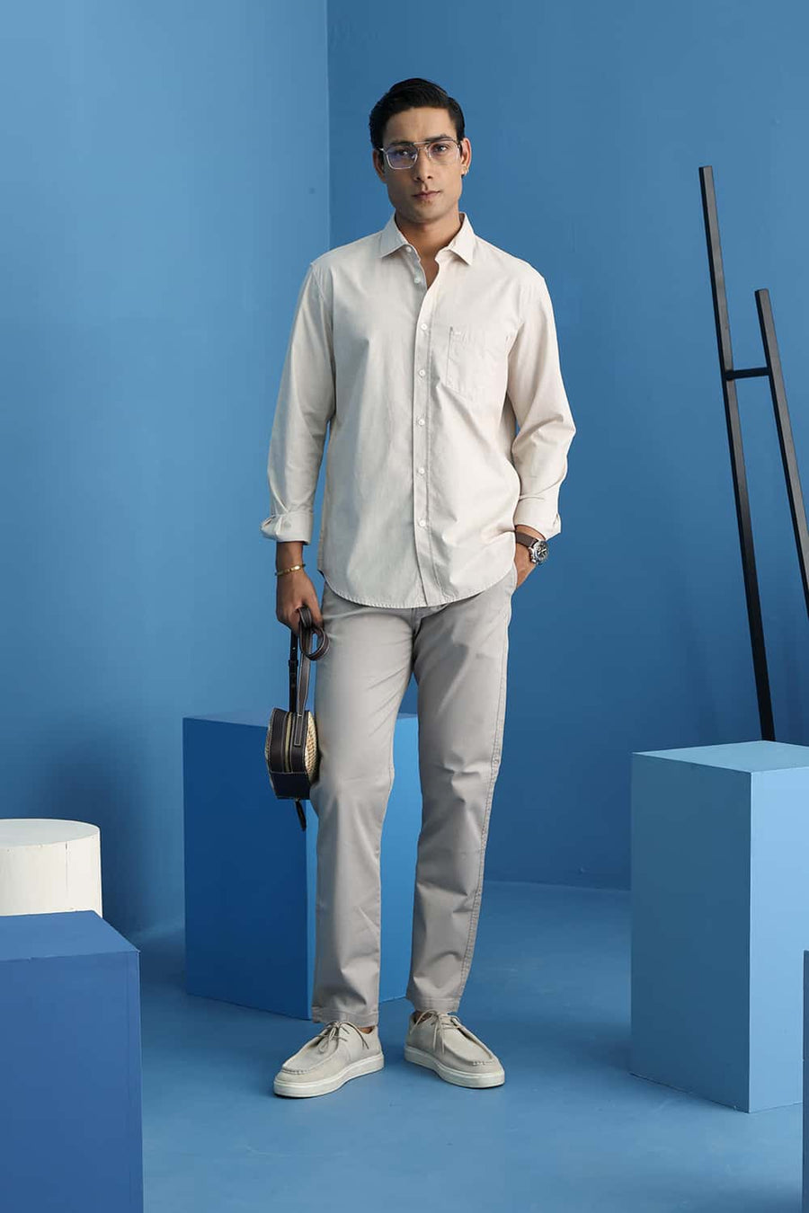 BASICS SLIM FIT SAND BEIGE COTTON FIL-A-FIL SHIRT