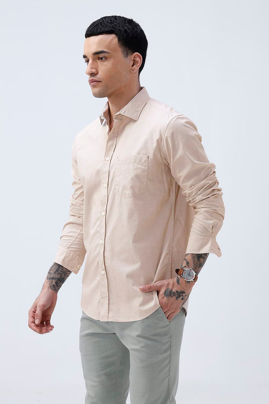 BASICS SLIM FIT SAND BEIGE COTTON FIL-A-FIL SHIRT