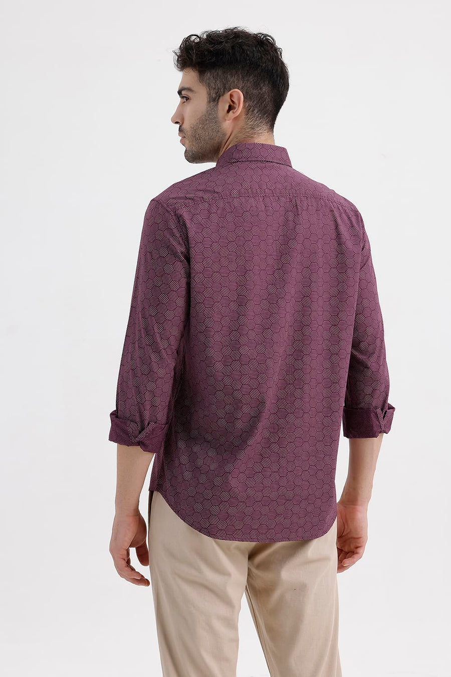 BASICS SLIM FIT POMEGRANATE WINE COTTON PRINTED SHIRT