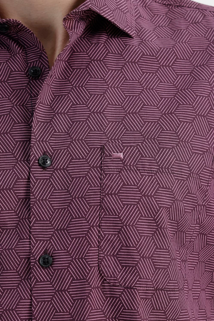 BASICS SLIM FIT POMEGRANATE WINE COTTON PRINTED HALFSLEEVES SHIRT
