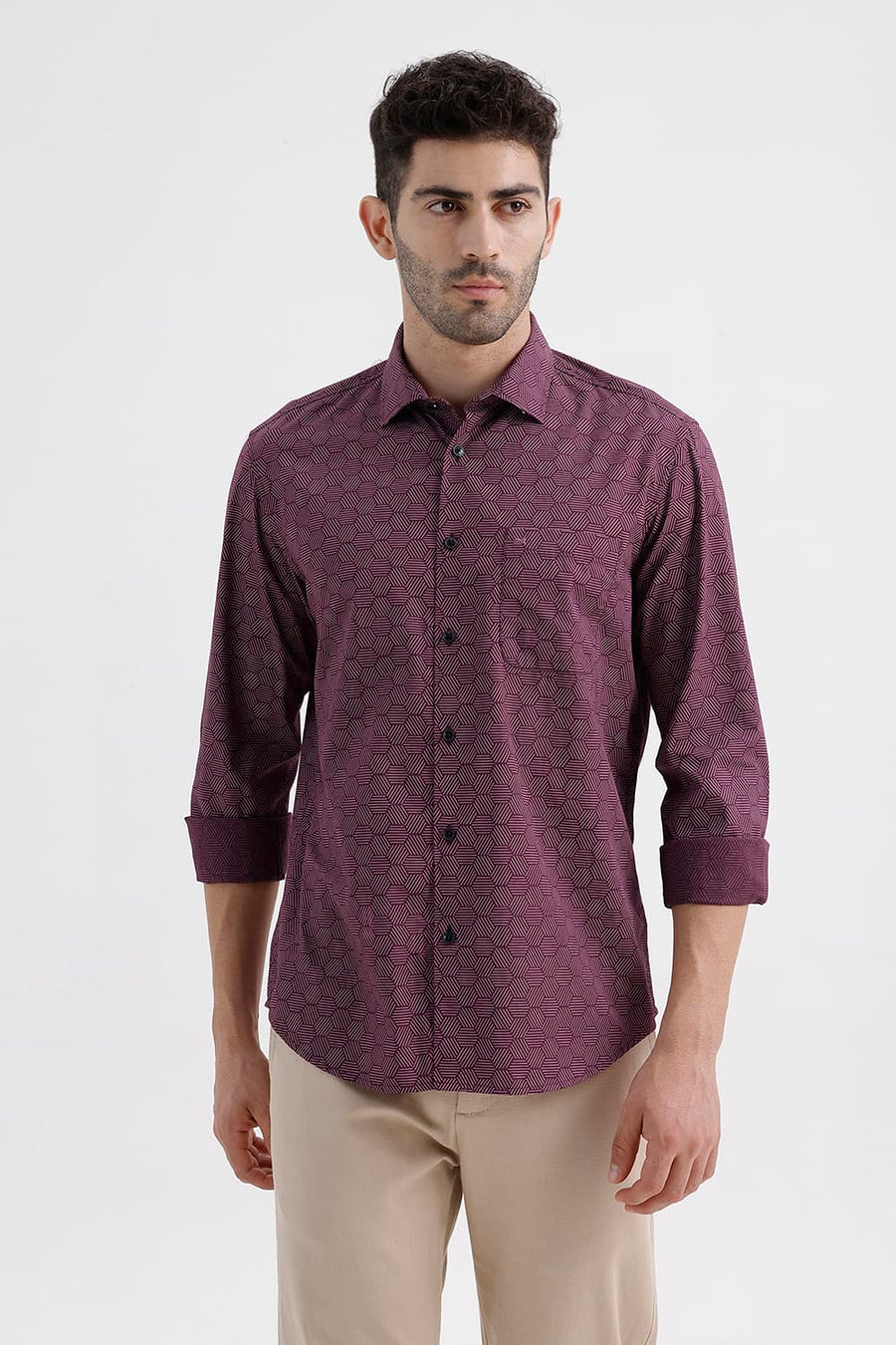 BASICS SLIM FIT POMEGRANATE WINE COTTON PRINTED SHIRT