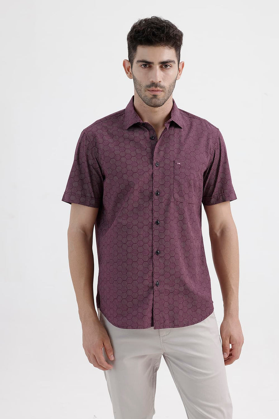 BASICS SLIM FIT POMEGRANATE WINE COTTON PRINTED HALFSLEEVES SHIRT
