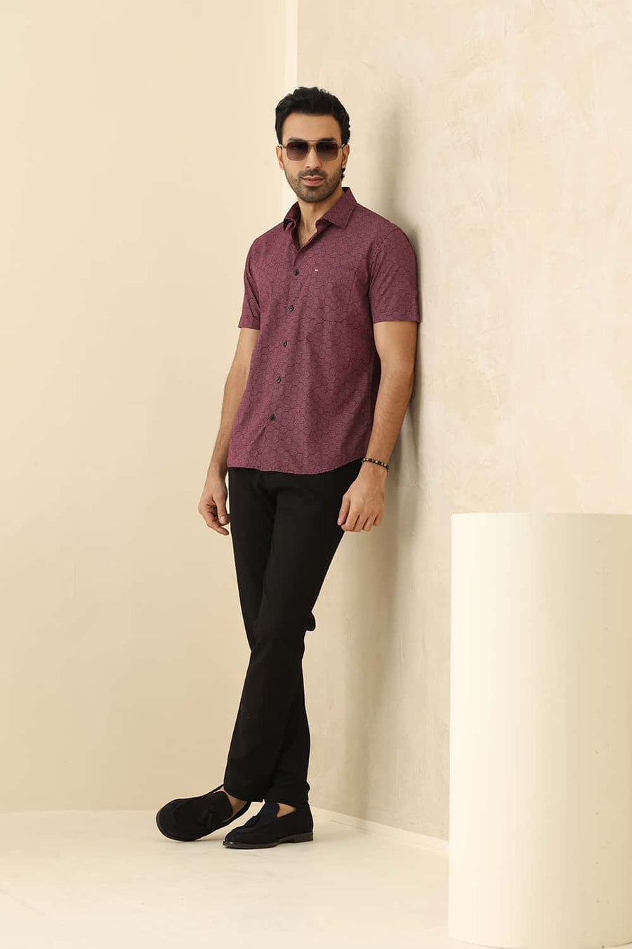 Basics Slim Fit Pomegranate Wine Cotton Printed Halfsleeves Shirt