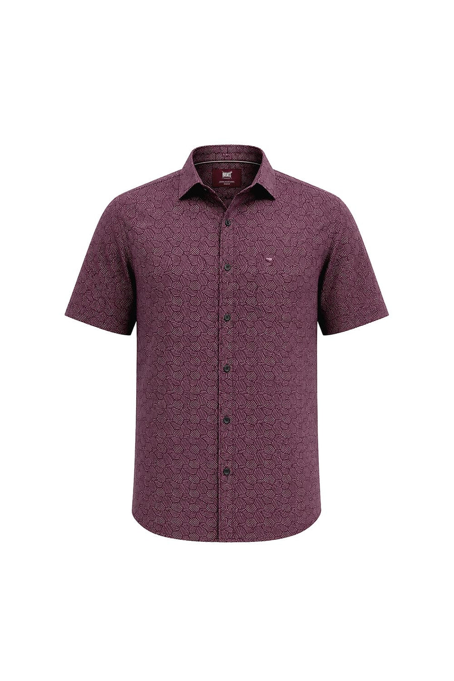 BASICS SLIM FIT POMEGRANATE WINE COTTON PRINTED HALFSLEEVES SHIRT