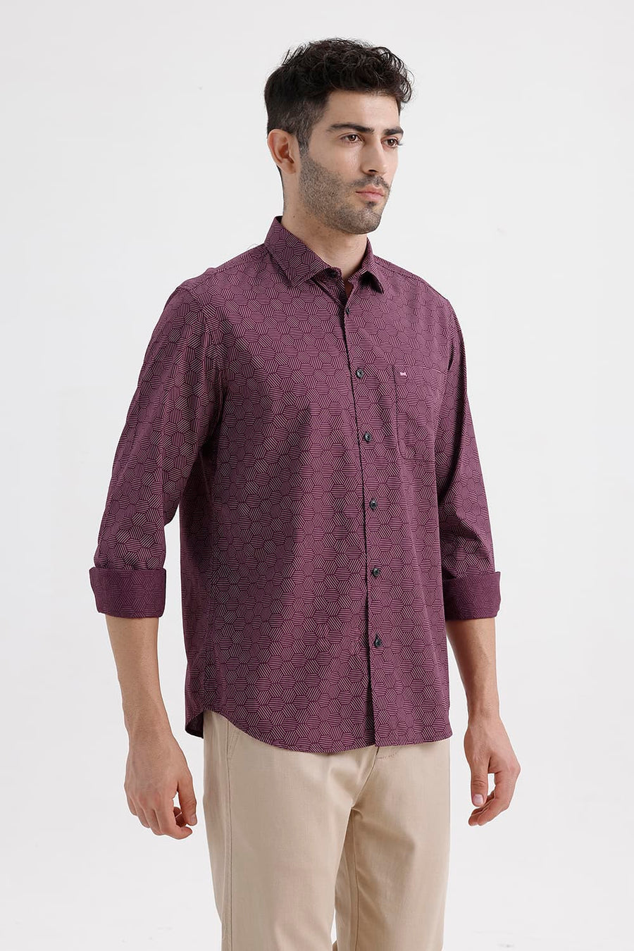 BASICS SLIM FIT POMEGRANATE WINE COTTON PRINTED SHIRT