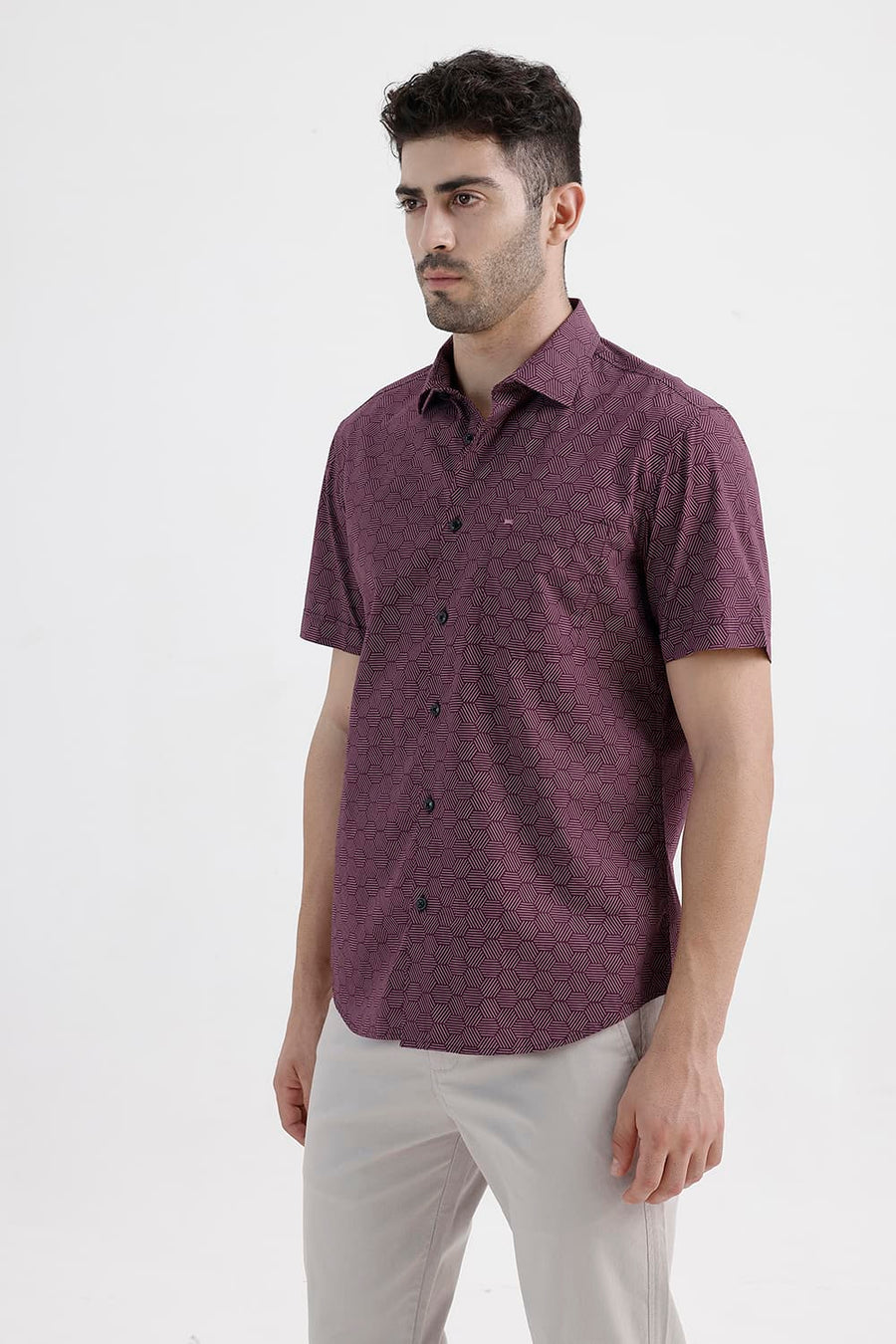 BASICS SLIM FIT POMEGRANATE WINE COTTON PRINTED HALFSLEEVES SHIRT