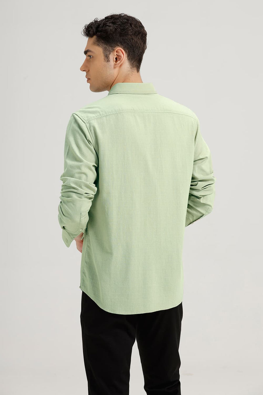 BASICS SLIM FIT ELM GREEN COTTON HOPSACK DOBBY SHIRT