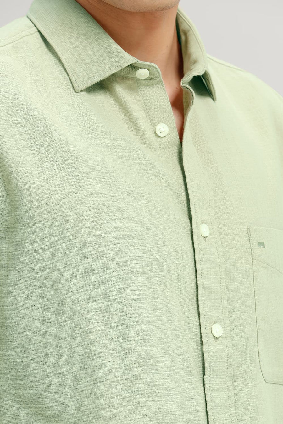 BASICS SLIM FIT ELM GREEN COTTON HOPSACK DOBBY SHIRT
