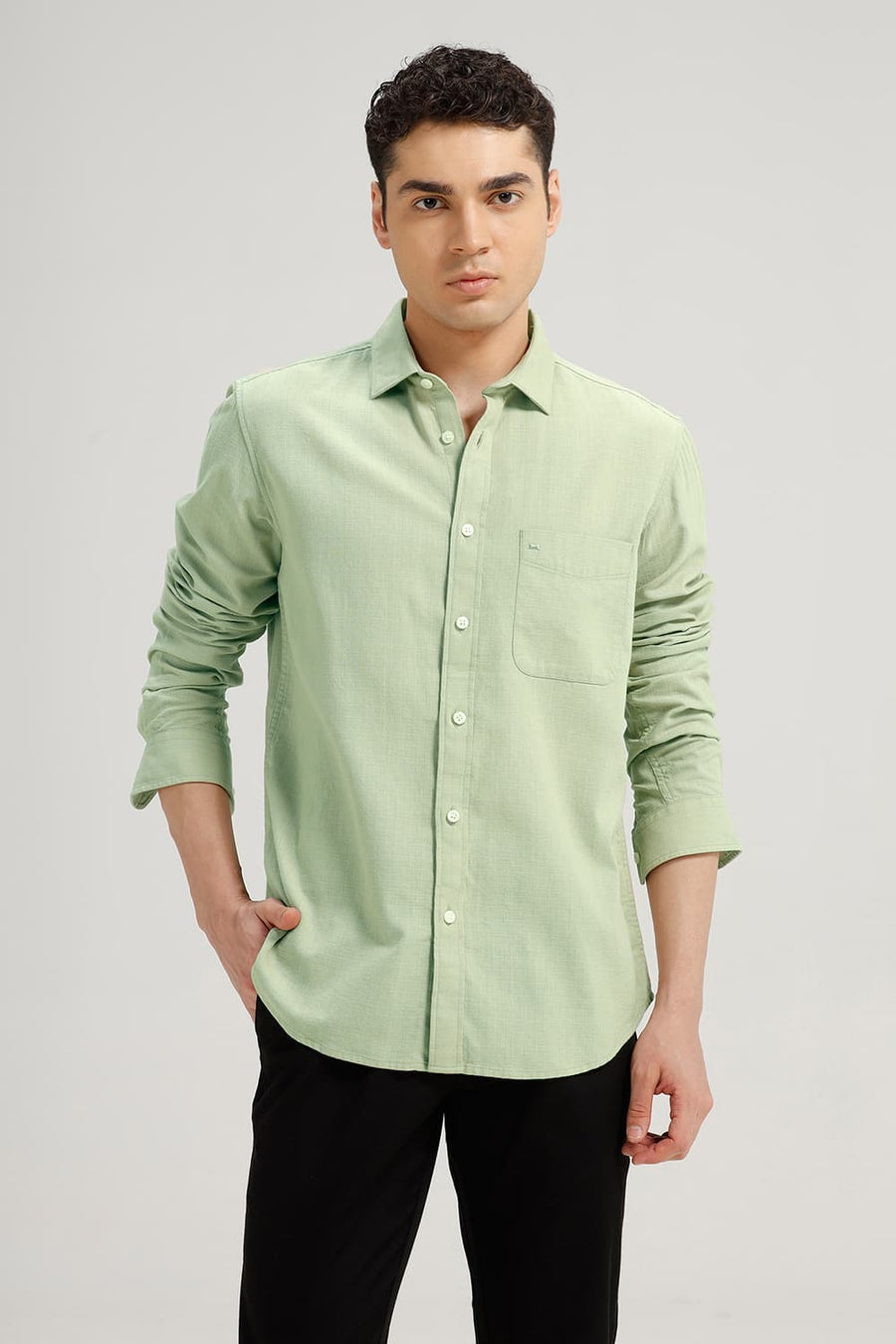 BASICS SLIM FIT ELM GREEN COTTON HOPSACK DOBBY SHIRT