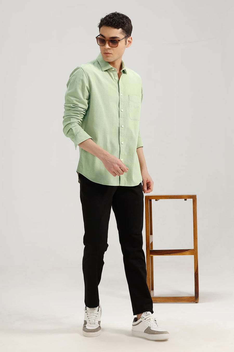 BASICS SLIM FIT ELM GREEN COTTON HOPSACK DOBBY SHIRT