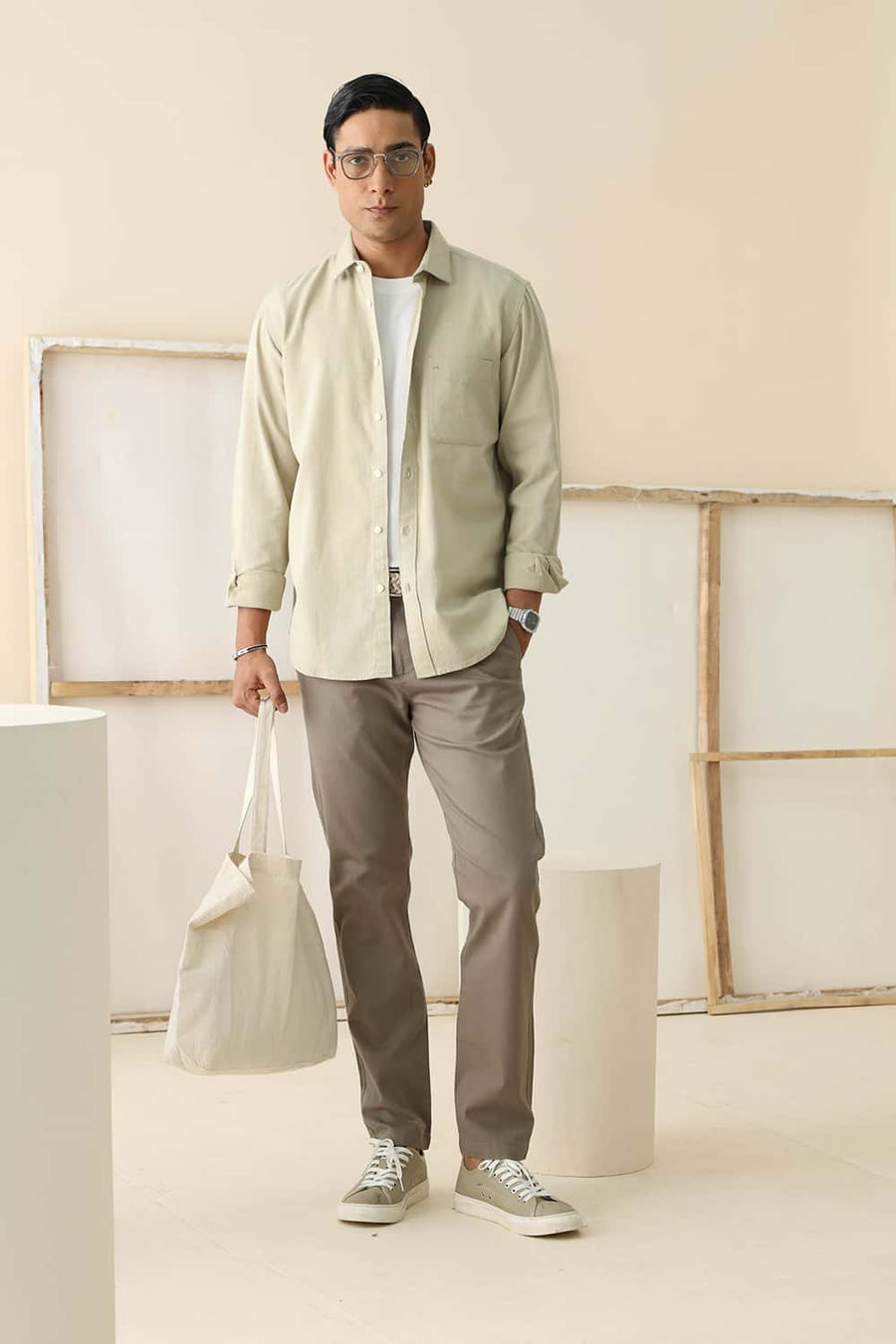 BASICS SLIM FIT ELM GREEN COTTON HOPSACK DOBBY SHIRT