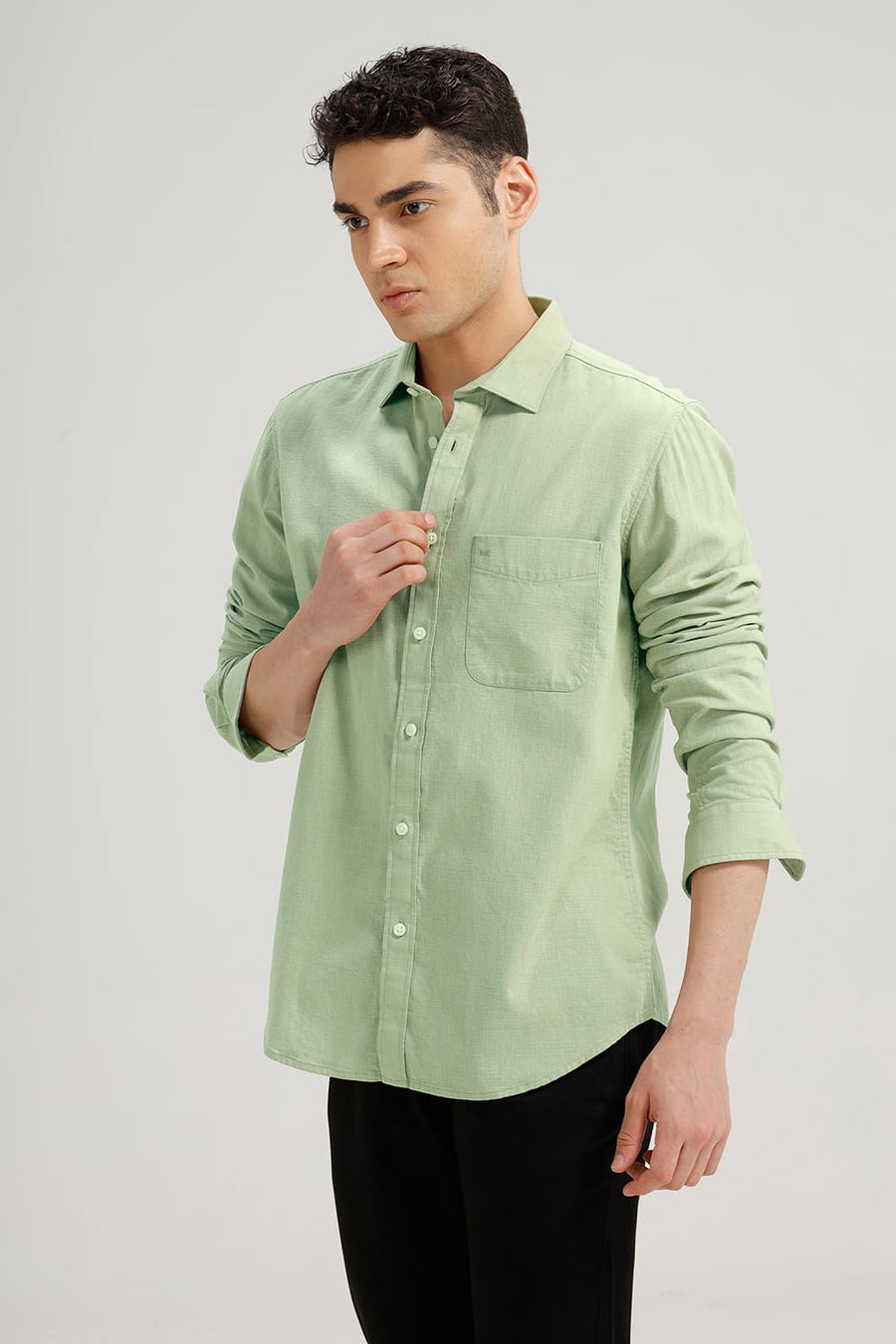 BASICS SLIM FIT ELM GREEN COTTON HOPSACK DOBBY SHIRT