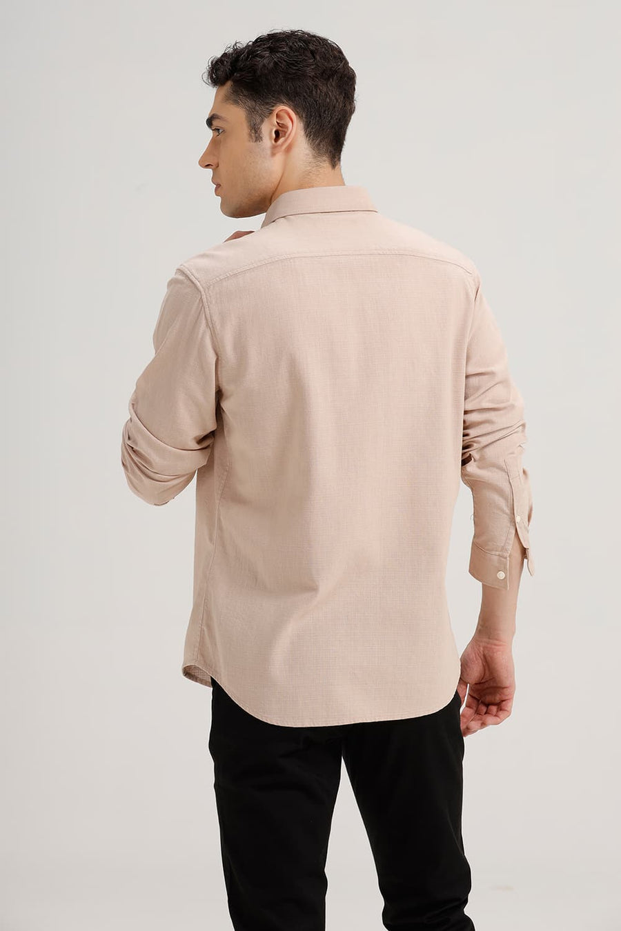 BASICS SLIM FIT BEIGE SAND COTTON HOPSACK DOBBY SHIRT
