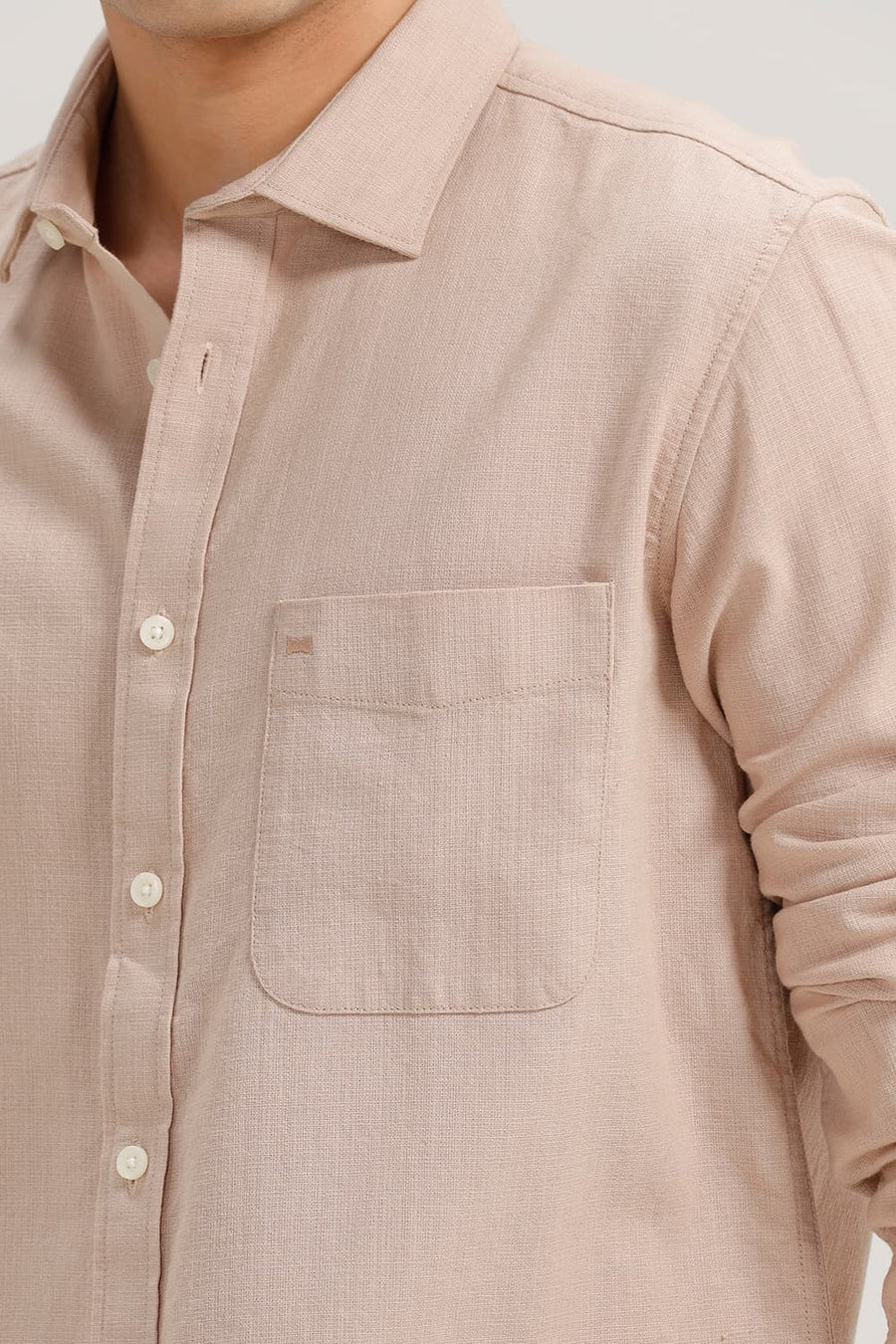 BASICS SLIM FIT BEIGE SAND COTTON HOPSACK DOBBY SHIRT