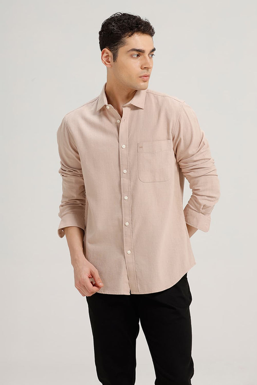 BASICS SLIM FIT BEIGE SAND COTTON HOPSACK DOBBY SHIRT