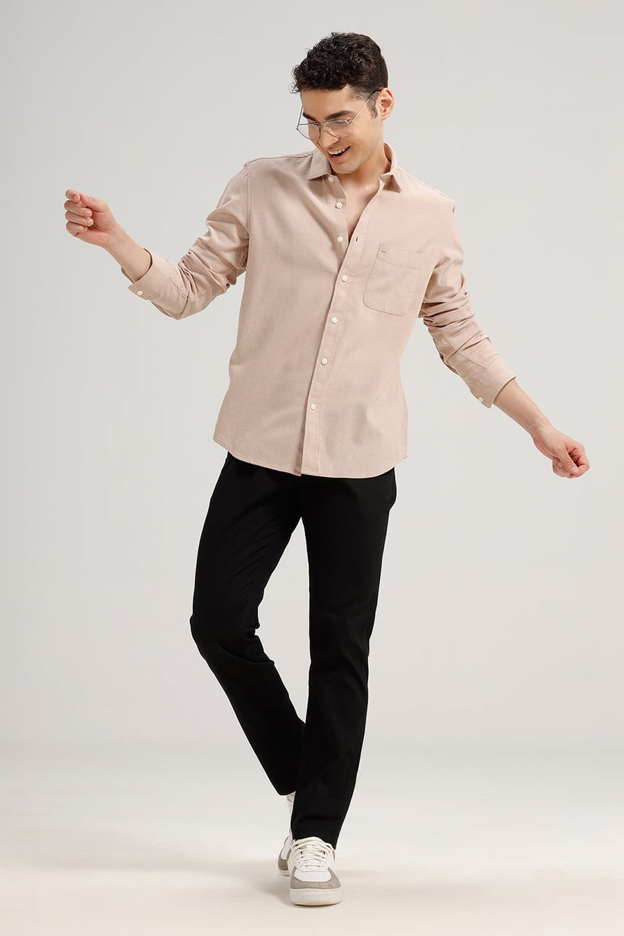 BASICS SLIM FIT BEIGE SAND COTTON HOPSACK DOBBY SHIRT