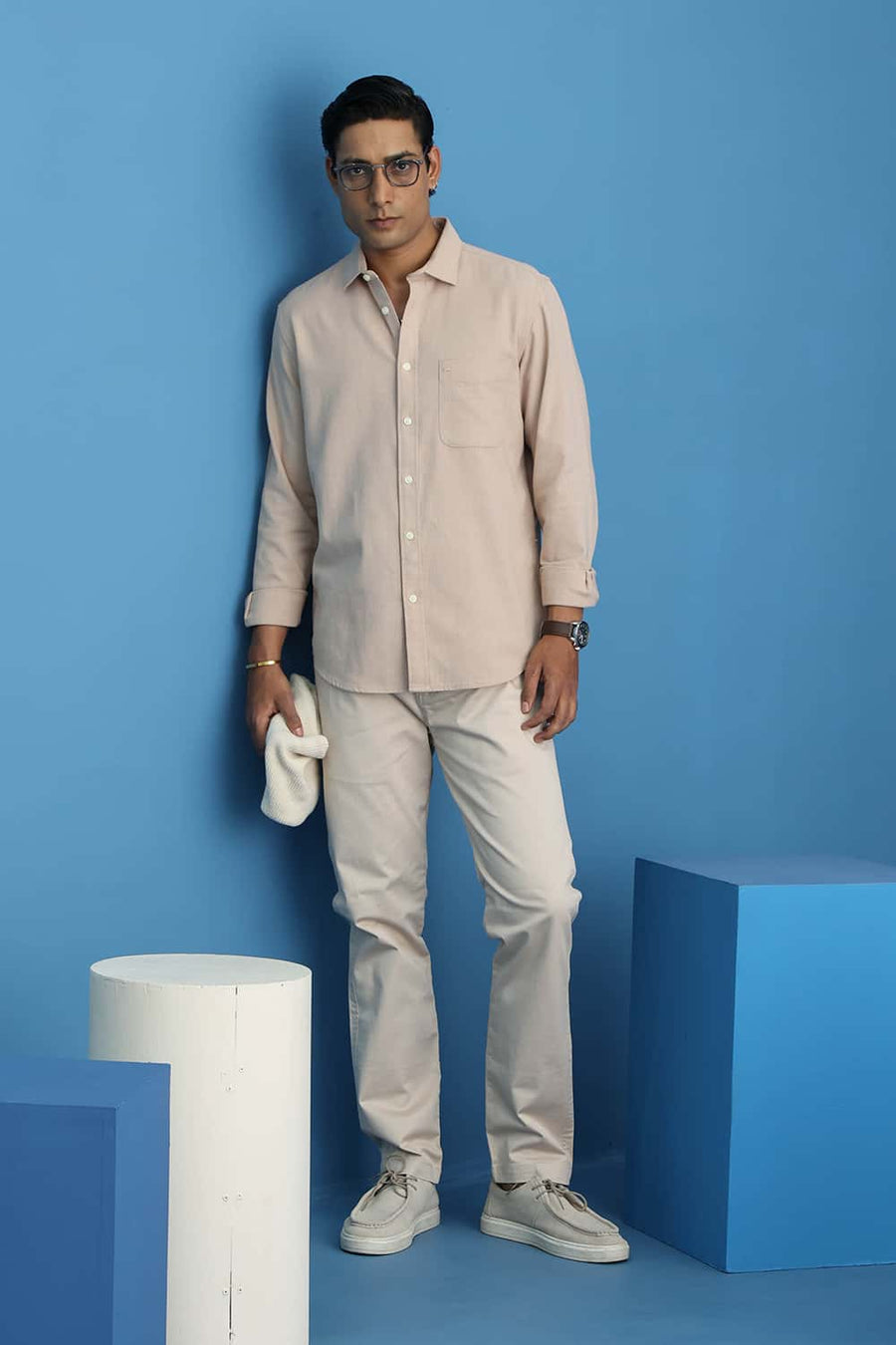 BASICS SLIM FIT BEIGE SAND COTTON HOPSACK DOBBY SHIRT