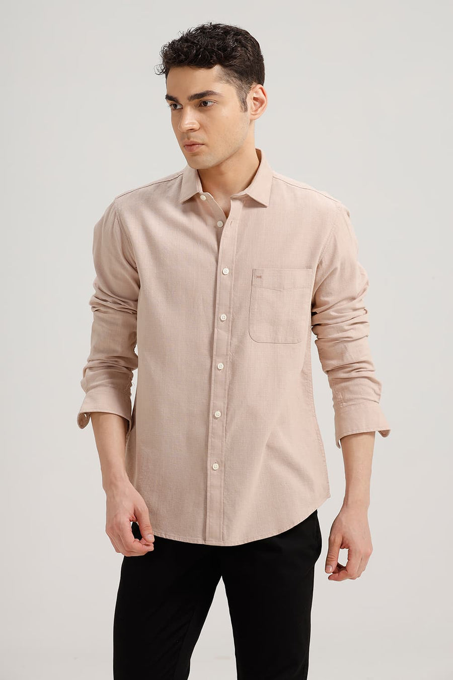 BASICS SLIM FIT BEIGE SAND COTTON HOPSACK DOBBY SHIRT