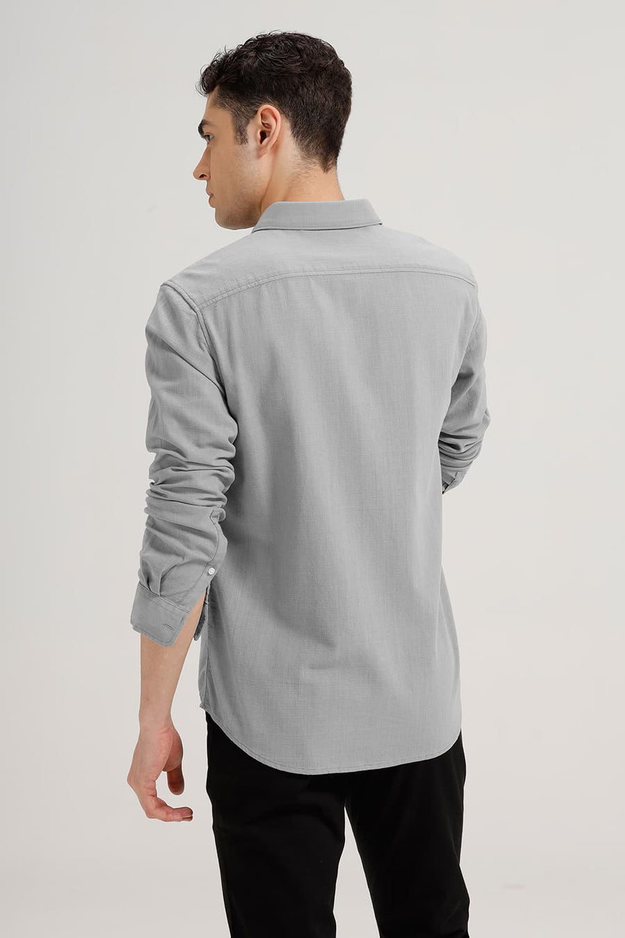 BASICS SLIM FIT FROST GREY COTTON HOPSACK DOBBY SHIRT