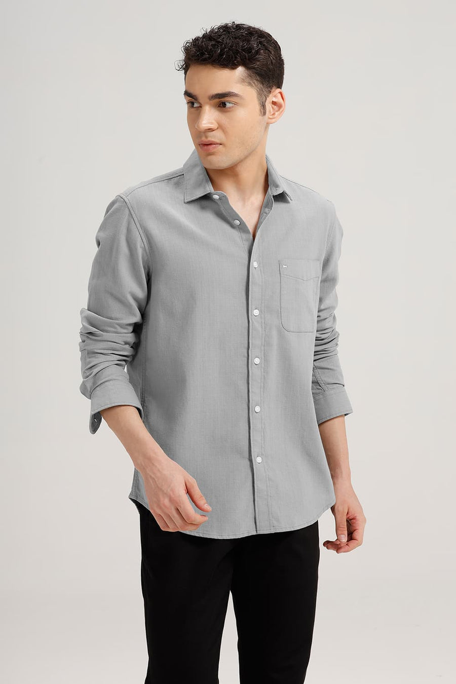 BASICS SLIM FIT FROST GREY COTTON HOPSACK DOBBY SHIRT