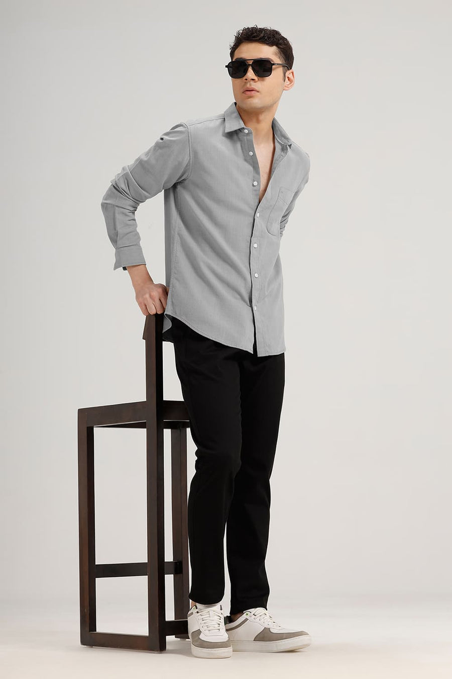 BASICS SLIM FIT FROST GREY COTTON HOPSACK DOBBY SHIRT
